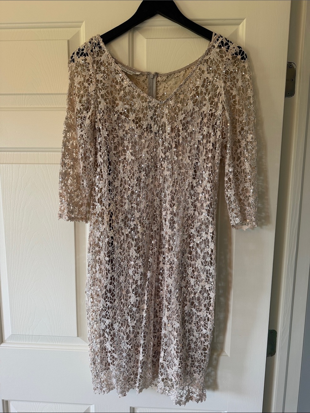 Kay Unger Champagne Lace Midi Dress with Sequin Detail